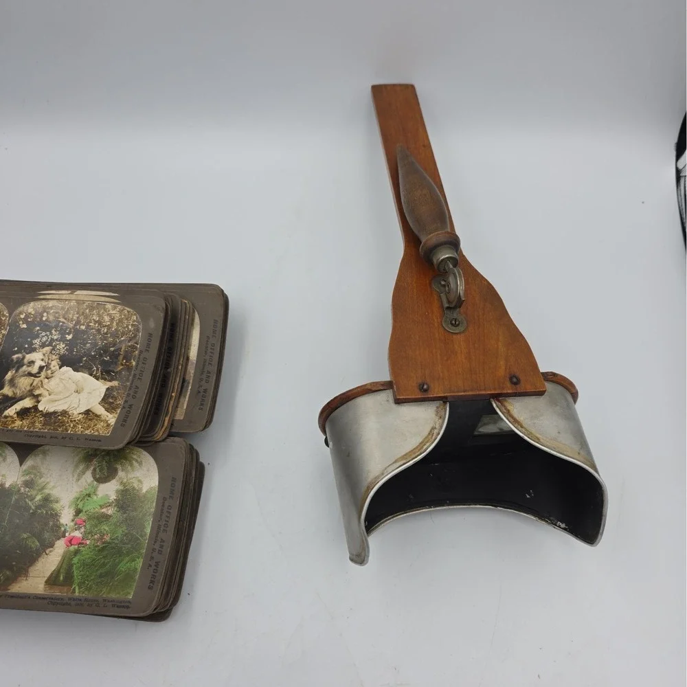 Antique Underwood Stereoscope Viewer Metal Wood and 60 Stereoview Sepia Cards